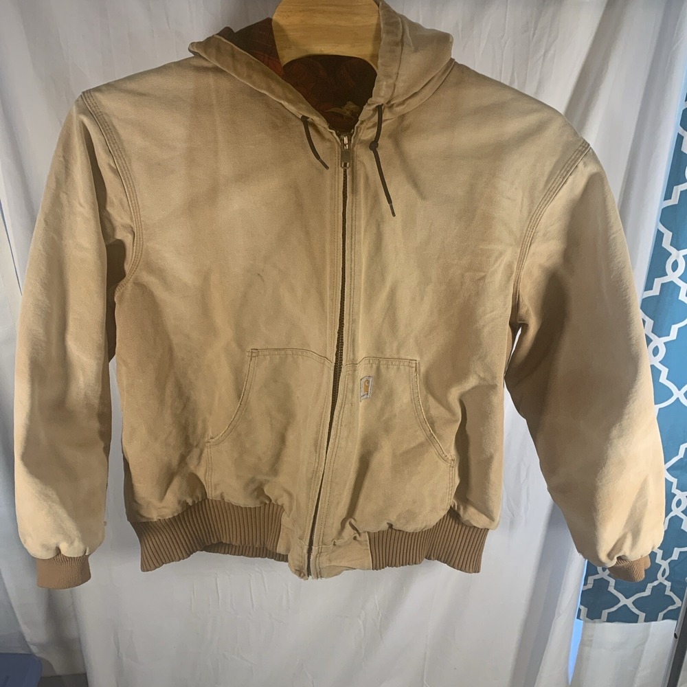 Carhartt Flannel Lined Brown Canvas Hooded Zip Jacket Men's 2xl Faded